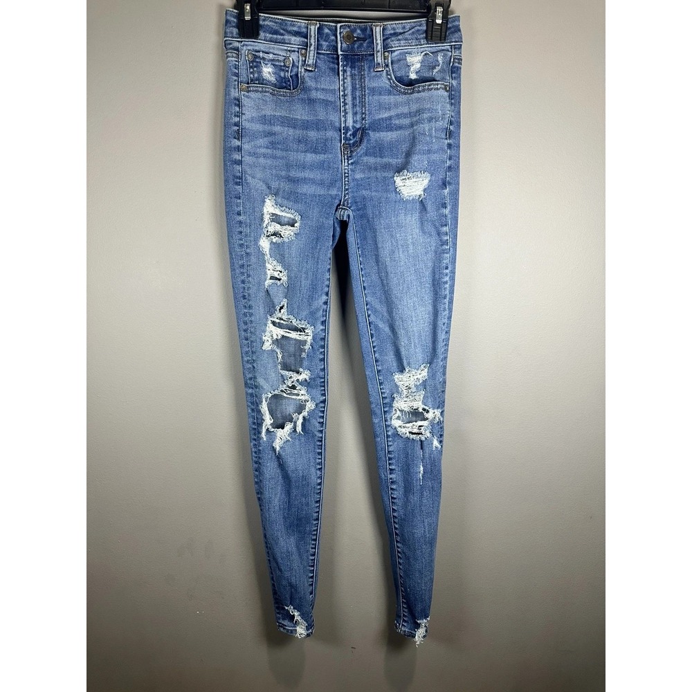 AE American Eagle Super Hi Rise Jegging Crop Distressed Blue Denim Jeans 2-XLong
